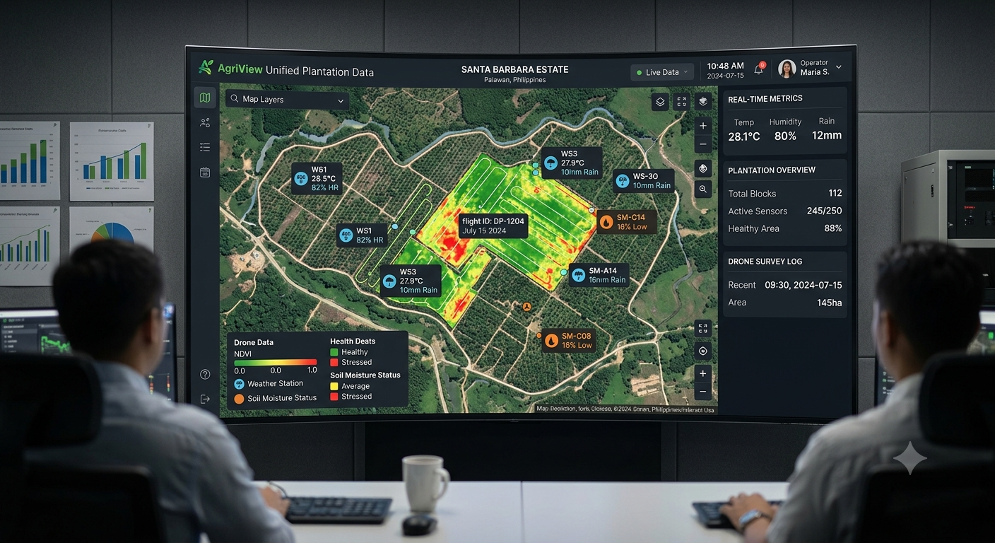 Biota dashboard visualization showing unified plantation data from sensors, weather stations, and drone surveys on a single map view