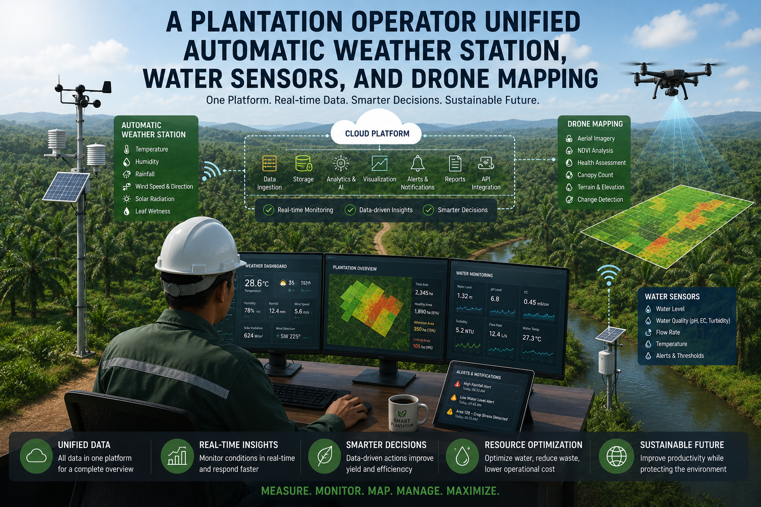 Plantation dashboard showing unified monitoring across 5000 hectares with integrated data streams