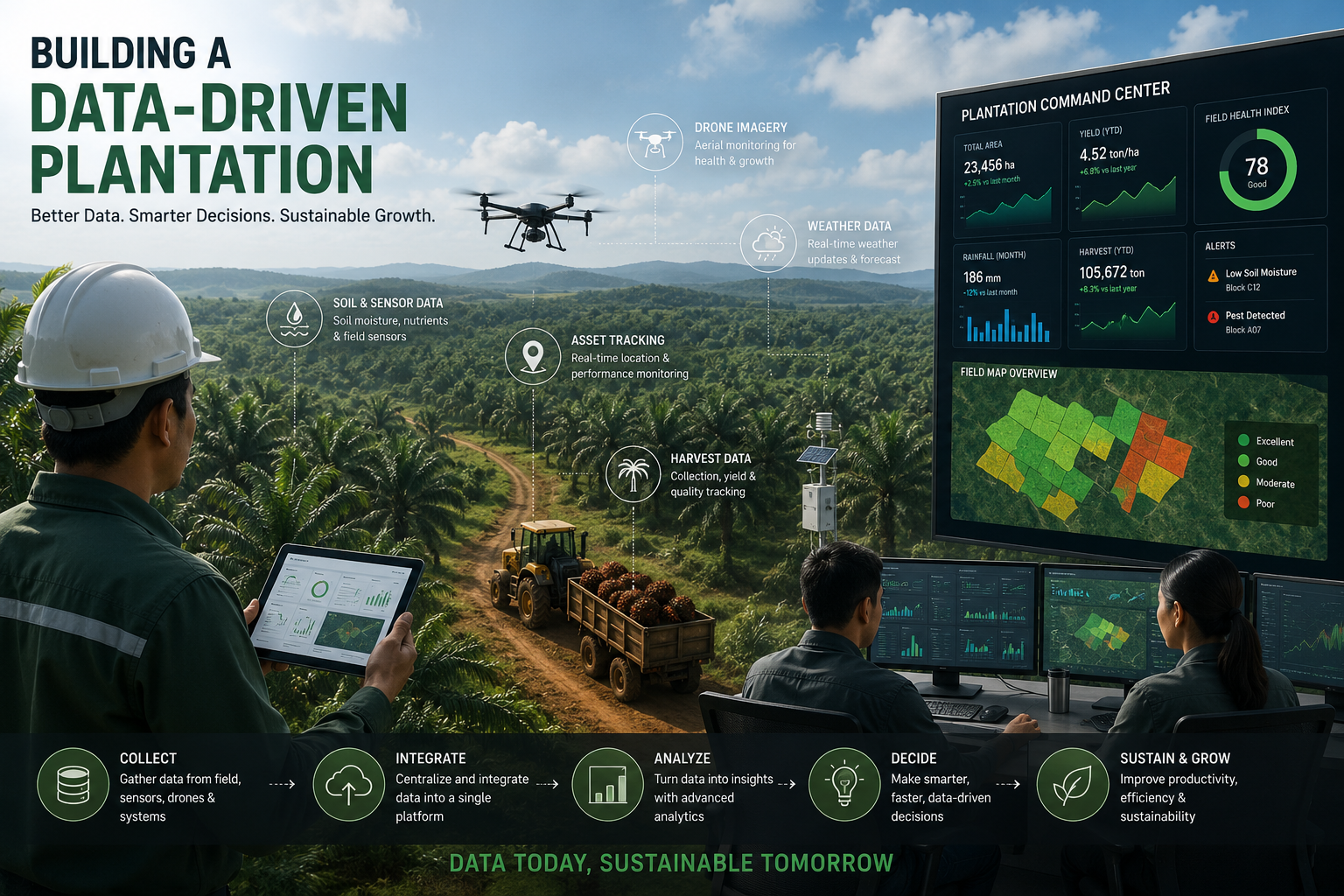 Biota dashboard showing data-driven plantation operation with connected sensors and drone imagery